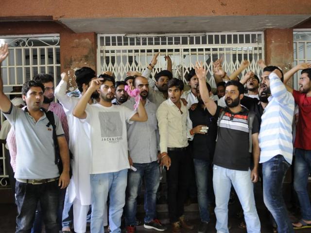 Kashmiri students protest outside the V-C’s office at Barkatullah University in Bhopal. (Mujeeb Faruqui/ HT file photo) Kashmiri students protest outside the V-C’s office at Barkatullah University in Bhopal. (Mujeeb Faruqui/ HT file photo)