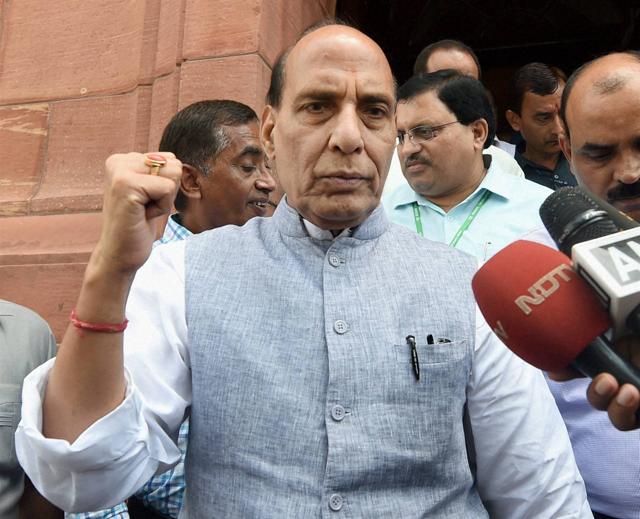 Union home minister Rajnath Singh at Parliament house in New Delhi on Wednesday. (PTI) Union home minister Rajnath Singh at Parliament house in New Delhi on Wednesday. (PTI)