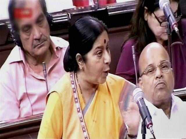 External affairs minister Sushma Swaraj speaks in the Rajya Sabha in New Delhi. (PTI Photo) External affairs minister Sushma Swaraj speaks in the Rajya Sabha in New Delhi. (PTI Photo)
