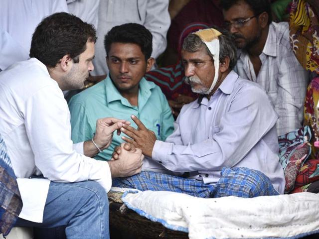 Congress leader Rahul Gandhi visits Una on Thursday to meet the families of Dalit men who were beaten up by self-styled 'cow protectors'.(Arun Sharma/ HT photo)