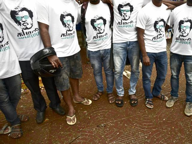 Fans sport Rajinikanth T-shirts to celebrate the release of his film Kabali on Friday. (Photo by Arijit Sen/ Hindustan Times)