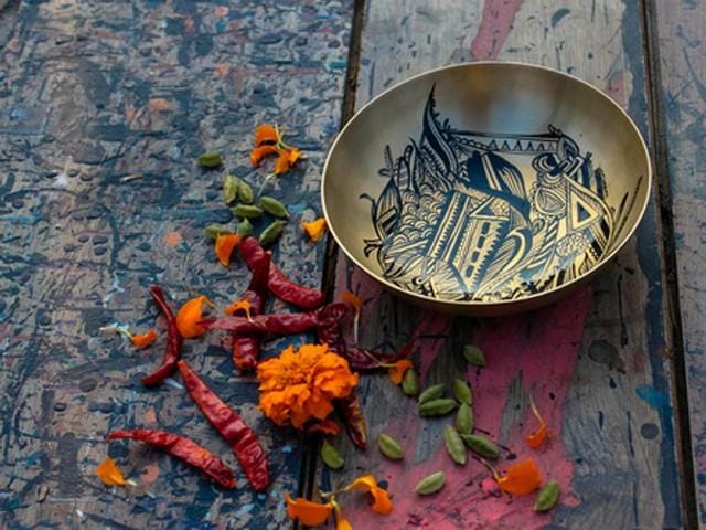 The punch bowls used in The Bombay Canteen, with the word ‘punch’ etched on them in Devanagari.