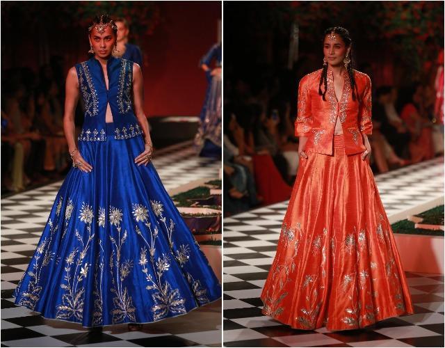 Bright blue lehenga by Anita Dongre (left). Pop orange lehenga by Anita Dongre (right). (Amal KS/ HT Photo) Bright blue lehenga by Anita Dongre (left). Pop orange lehenga by Anita Dongre (right). (Amal KS/ HT Photo)