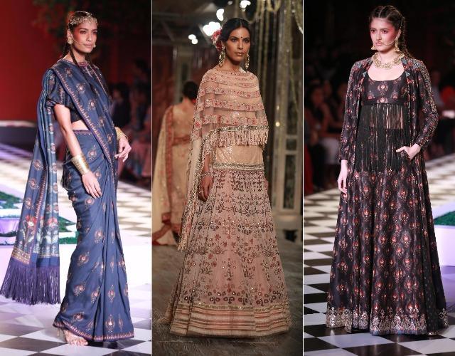 Left to right: Fringe-finished sari by Anita Dongre. Fringe dupatta over a lehenga by Tarun Tahiliani. Fringe blouse on Anita Dongre’s runway. (Amal KS/ HT Photo) Left to right: Fringe-finished sari by Anita Dongre. Fringe dupatta over a lehenga by Tarun Tahiliani. Fringe blouse on Anita Dongre’s runway. (Amal KS/ HT Photo)