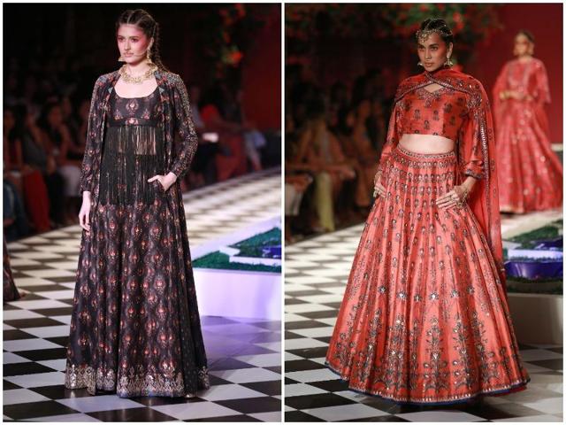 In signature style, she used a lot of gotta patti detailing in tones of ochre, indigos and deep jewel reds.  (Amal KS/ HT Photo) 