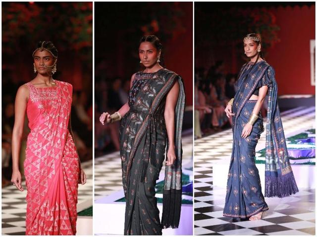 Barring a few ensembles, weddingwear seemed to go the comfortable way with breezy lehengas and jacket blouses. (Amal KS/ HT Photo) 