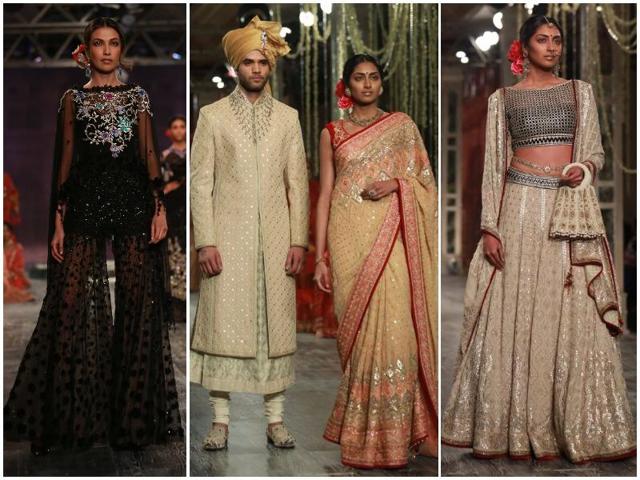 The couturier’s elaborate collection went on to include heavily embellished bridalwear, all-gleam saris and even monochrome for the bride and groom.  (Amal KS/ HT Photo) 