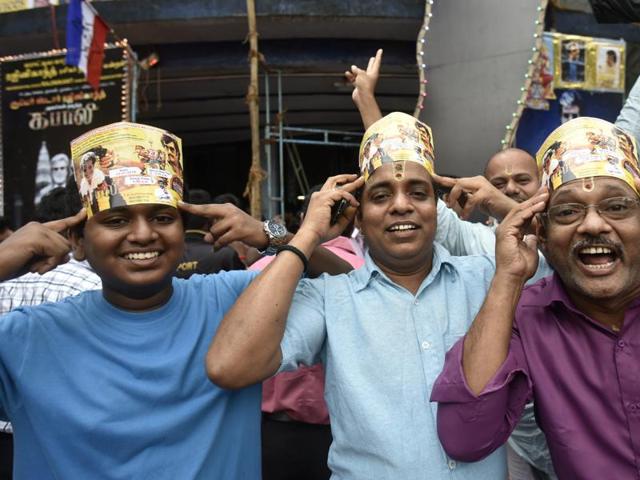 Rajinikanth fans of all ages celebrates on the release of Kabali a Rajnikanth film at Aurora talkies in Mumbai. (Photo by Arijit Sen/ Hindustan Times)