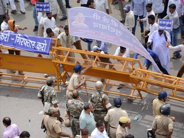 Police stop BSP activists who were protesting against expelled BJP leader Dayashankar Singh for his remarks against Mayawati. (PTI) Police stop BSP activists who were protesting against expelled BJP leader Dayashankar Singh for his remarks against Mayawati. (PTI)