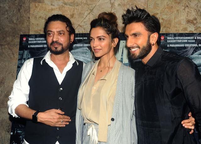 Irffan Khan, Deepika Padukone and Ranveer Singh attend a screening of Hindi film Madaari in Mumbai on July 21, 2016. (AFP) Irffan Khan, Deepika Padukone and Ranveer Singh attend a screening of Hindi film Madaari in Mumbai on July 21, 2016. (AFP)