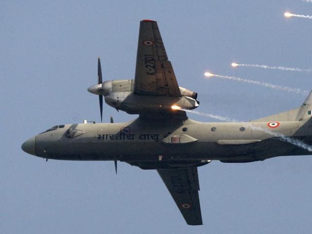 In this 2009 file photo, an IAF AN-32 transport aircraft releases chaff as it flies past the IAF Day Parade in New Delhi.(AP)