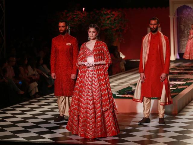 Anita Dongre opened day 2 of India Couture Week with her collection, Epic Love.  Among those who were spotted attending her show included actress Shabana Azmi and fellow designer Manish Malhotra. (Amal KS/ HT Photo) 
