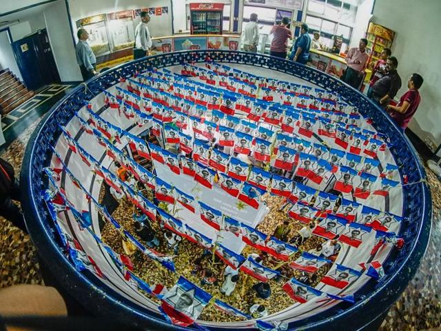 Lobby of Aurora Cinema in Matunga, Mumbai decorated with the flags with Rajinikanth’s face on them on July 22, 2016. (Pratik Chorge/HT Photo)