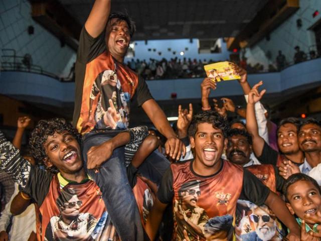 More cheers follow as Rajinikanth fills the frame. (Pratik Chorge/HT Photo)