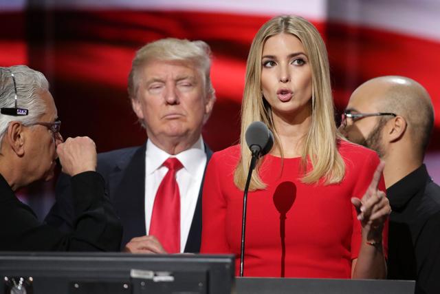 Republican presidential candidate Donald Trump (2nd L) and his daughter Ivanka Trump test the teleprompters and microphones on stage before the start of the fourth day of the Republican National Convention. (AFP Photo) Republican presidential candidate Donald Trump (2nd L) and his daughter Ivanka Trump test the teleprompters and microphones on stage before the start of the fourth day of the Republican National Convention. (AFP Photo)
