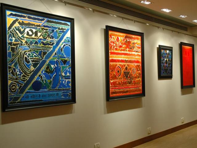 An exhibition of Raza`s paintings at TAO art gallery. His body of work is instantly recognisable thanks to the geometric motifs that feature in it. He has explored themes of prakriti (nature), kundalini (primal energy), tribhuj (triangle) and bindu (circle/dot). (Prodip guha/ht photo) An exhibition of Raza`s paintings at TAO art gallery. His body of work is instantly recognisable thanks to the geometric motifs that feature in it. He has explored themes of prakriti (nature), kundalini (primal energy), tribhuj (triangle) and bindu (circle/dot). (Prodip guha/ht photo)