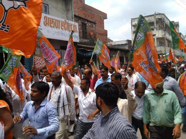 The BJP hit the streets in Lucknow and with the slogan – ‘Beti ke samman mein, Bhajapa maidan mein’. (Twitter/@BJPforUP) The BJP hit the streets in Lucknow and with the slogan – ‘Beti ke samman mein, Bhajapa maidan mein’. (Twitter/@BJPforUP)