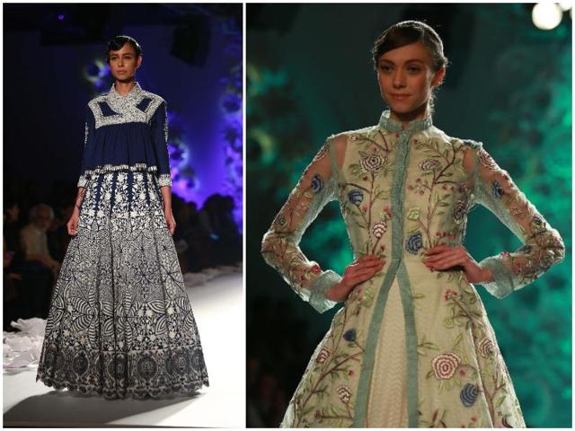 At Rahul Mishra, hand-done embroidery wove a tale of monsoon-inspired motifs including chintz-esque florals and beautifully crafted peacocks.  (Amal KS/ HT Photo) 