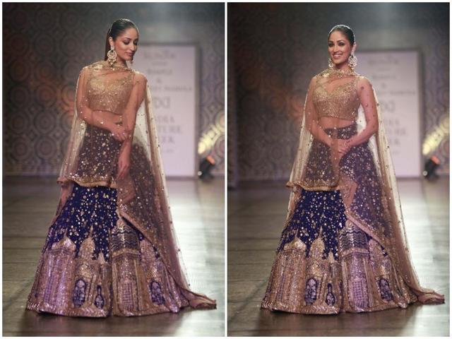 Bollywood actress Yami Gautam turned showstopper for designer duo Rimple & Harpreet Narula.  (Amal KS/ HT Photo) 