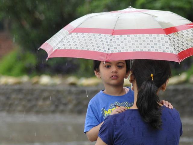 People enjoying rainfall at Sukhna lake, Chandigarh on Saturday. (Karun Sharma/HT Photo) 
