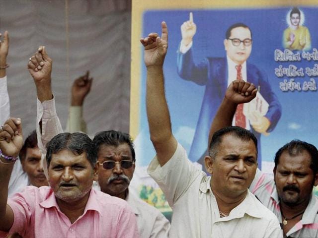 Dalit community members during a protest in Ahmedabad against the recent attack on Dalit members at Una, Rajkot.(PTI Photo)