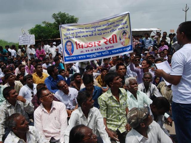 Vadnagar in Gujarat, the home town on PM Modi, witnessed angry protests by Dalits for the thrashing of four SC men in Una recently.(HT Photo)