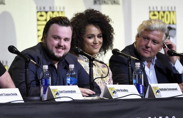 (From left) John Bradley, Nathalie Emmanuel and Conleth Hill attend the Game of Thrones panel. (Chris Pizzello/Invision/AP) (From left) John Bradley, Nathalie Emmanuel and Conleth Hill attend the Game of Thrones panel. (Chris Pizzello/Invision/AP)