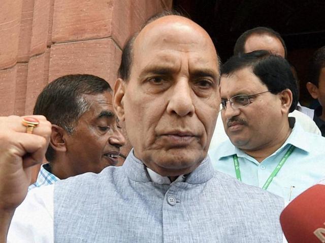 Union Home minister Rajnath Singh interacts with media at Parliament house during monsoon session, in New Delhi on Wednesday.(PTI)