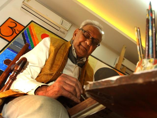 For Raza, the process of painting was one of perennial search, almost akin to a spiritual quest: “Art is meditation; it meditates through colours. The bindu provides you with a focus, a locus (position) to concentrate on,” he had once said. (ARIJIT SEN/ht photo) For Raza, the process of painting was one of perennial search, almost akin to a spiritual quest: “Art is meditation; it meditates through colours. The bindu provides you with a focus, a locus (position) to concentrate on,” he had once said. (ARIJIT SEN/ht photo)