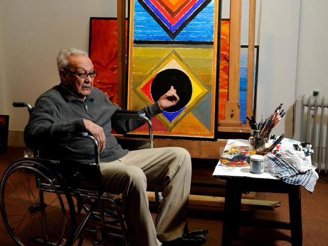 His paintings have sold for record prices — Saurashtra, which sold for Rs 15.9 crore, and La Terre, which sold for Rs 18.8 crore — count among the most expensive paintings sold at an auction. But the artist remains unfazed by the attention.  (pradeep gaur/mint) 