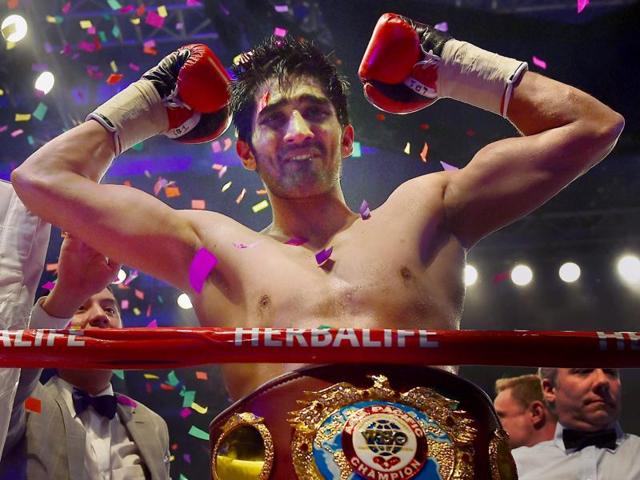 Indian boxer Vijender Singh reacts after winning WBO Asia Pacific Super Middleweight title.(AP Photo) Indian boxer Vijender Singh reacts after winning WBO Asia Pacific Super Middleweight title.(AP Photo)