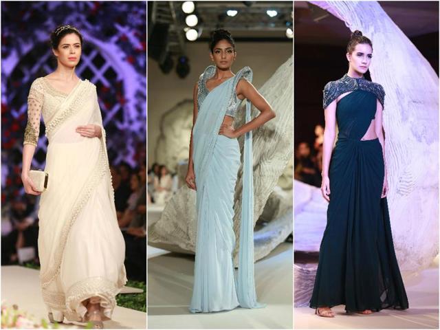 Bahl’s sheer blouses, boasting varied degrees of opacity, made for an impressive contemporary interpretation of the evergreen saree. (Amal KS/HT Photo) Bahl’s sheer blouses, boasting varied degrees of opacity, made for an impressive contemporary interpretation of the evergreen saree. (Amal KS/HT Photo)