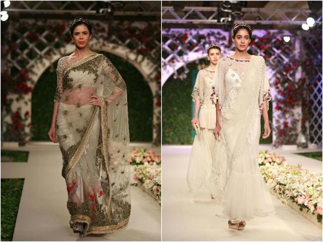 Floral motifs were used generously on net fabric, which was the most dominant of all the fabrics used by Bahl in this year’s collection. These motifs added decadence and made for a delightful ensemble. (Amal KS/HT Photo) Floral motifs were used generously on net fabric, which was the most dominant of all the fabrics used by Bahl in this year’s collection. These motifs added decadence and made for a delightful ensemble. (Amal KS/HT Photo)