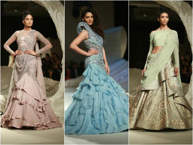 After the high-low hem kurtas and net sarees with sheer blouses, what next dazzled the ramp were ruffled ball gowns, a trend that was a big hit at the recently concluded Paris Couture Week. (Amal KS/HT Photo) After the high-low hem kurtas and net sarees with sheer blouses, what next dazzled the ramp were ruffled ball gowns, a trend that was a big hit at the recently concluded Paris Couture Week. (Amal KS/HT Photo)