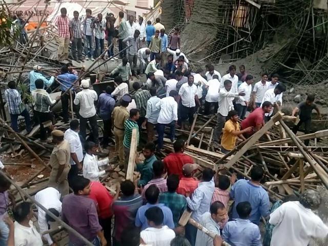 Two workers were killed and 12 others injured when a two-storeyed under-construction building of the Film Nagar Cultural Club collapsed in upmarket Jubilee Hills of Hyderabad. (HT Photo) Two workers were killed and 12 others injured when a two-storeyed under-construction building of the Film Nagar Cultural Club collapsed in upmarket Jubilee Hills of Hyderabad. (HT Photo)