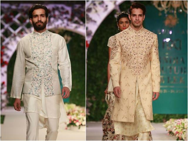 However, the high-low hem kurta for men was the highlight of Bahl’s show. His asymmetrical kurtas with floral bandhgalas and parallel pyjamas were a refreshing take on the Indian kurta. (Amal KS/HT Photo) However, the high-low hem kurta for men was the highlight of Bahl’s show. His asymmetrical kurtas with floral bandhgalas and parallel pyjamas were a refreshing take on the Indian kurta. (Amal KS/HT Photo)