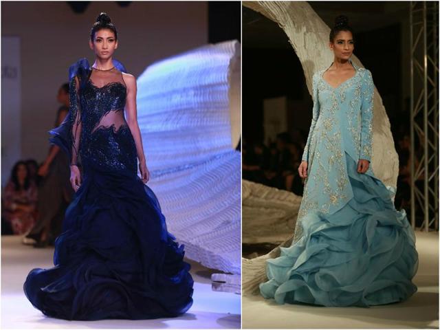 Gaurav Gupta, inspired by Paris, gave ruffled gowns an Indian twist by using ruffles in his sari-gowns. Needless to say, he did not just ace the attempt, he owned it. (Amal KS/HT Photo) Gaurav Gupta, inspired by Paris, gave ruffled gowns an Indian twist by using ruffles in his sari-gowns. Needless to say, he did not just ace the attempt, he owned it. (Amal KS/HT Photo)