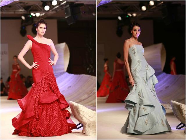 Gupta’s ruffles made the otherwise regular ball gowns look elaborate. The delicate romantic waves gave his dresses a dramatic effect. (Amal KS/HT Photo) Gupta’s ruffles made the otherwise regular ball gowns look elaborate. The delicate romantic waves gave his dresses a dramatic effect. (Amal KS/HT Photo)