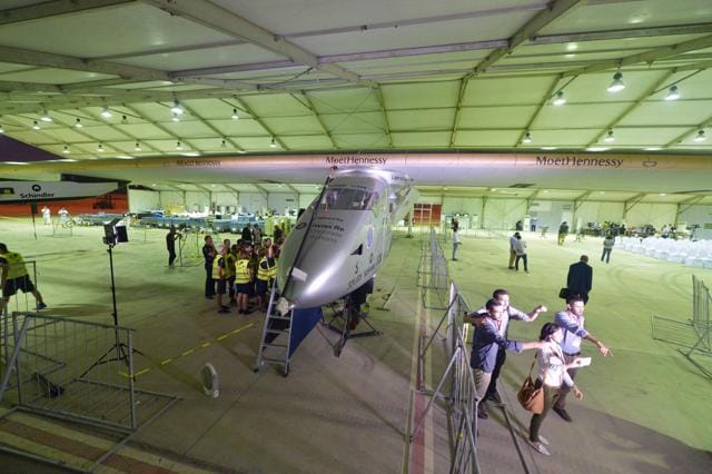 Technicians inspect the Solar-powered Solar Impulse 2 aircraft at the Cairo International Airport. (AFP) Technicians inspect the Solar-powered Solar Impulse 2 aircraft at the Cairo International Airport. (AFP)