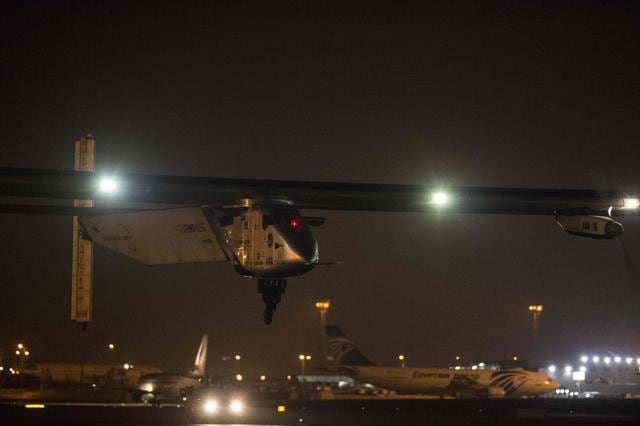 The Solar-powered Solar Impulse 2 aircraft takes off from the Cairo International Airport in the Egyptian capital on Sunday, as it heads to Abu Dhabi on the final leg of its world tour. (AFP) The Solar-powered Solar Impulse 2 aircraft takes off from the Cairo International Airport in the Egyptian capital on Sunday, as it heads to Abu Dhabi on the final leg of its world tour. (AFP)