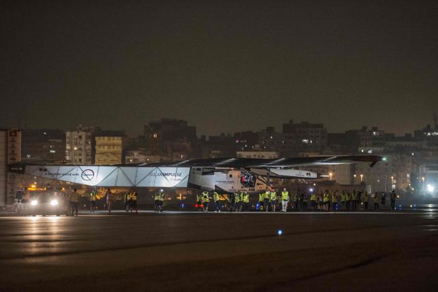 The Solar-powered Solar Impulse 2 aircraft prepares to take off from the Cairo International Airport on Sunday. (AFP) The Solar-powered Solar Impulse 2 aircraft prepares to take off from the Cairo International Airport on Sunday. (AFP)