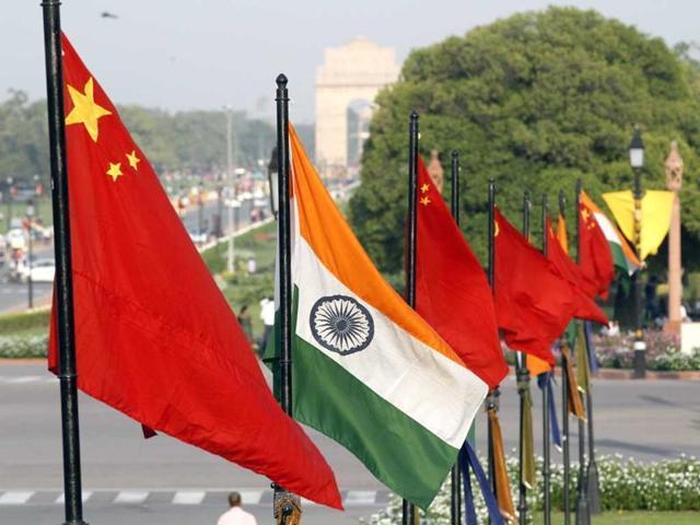 The national flags of China and India at Vijay Chowk on Rajpath.(Arvind Yadav/ HT file photo)