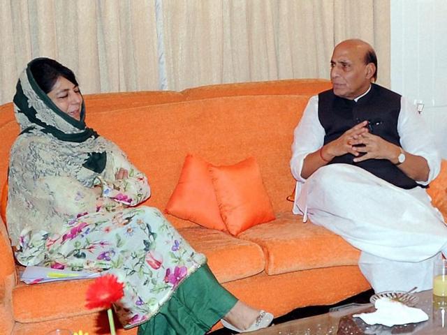 Union home minister Rajnath Singh with Jammu and Kashmir chief minister Mehbooba Mufti during their meeting in Srinagar on Saturday. (PTI Photo) Union home minister Rajnath Singh with Jammu and Kashmir chief minister Mehbooba Mufti during their meeting in Srinagar on Saturday. (PTI Photo)
