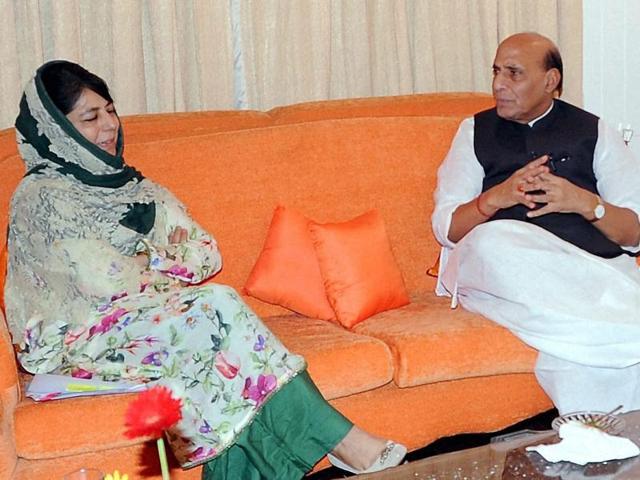 Home minister Rajnath Singh with Jammu and Kashmir chief minister Mehbooba Mufti during their meeting in Srinagar on Saturday. (PTI Photo) Home minister Rajnath Singh with Jammu and Kashmir chief minister Mehbooba Mufti during their meeting in Srinagar on Saturday. (PTI Photo)