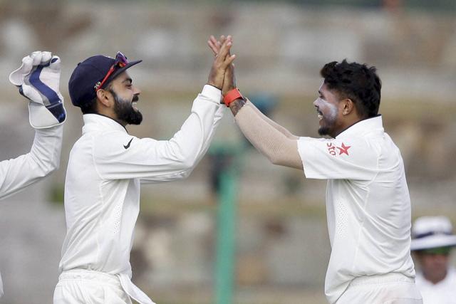 India's bowler Mohammed Shami, right, celebrates with teammates after taking the wicket of West Indies' Marlon Samuels. (AP) India's bowler Mohammed Shami, right, celebrates with teammates after taking the wicket of West Indies' Marlon Samuels. (AP)