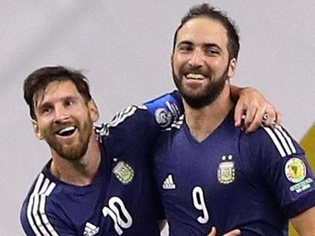Gonzalo Higuain #9 of Argentina celebrates with Lionel Messi after scoring a goal. (AFP Photo) Gonzalo Higuain #9 of Argentina celebrates with Lionel Messi after scoring a goal. (AFP Photo)