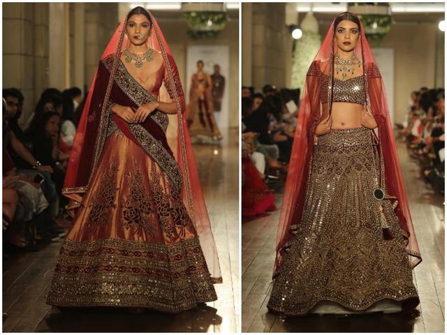 Mirrorwork remained a bridalwear staple and made it to Manav Gangwani’s couture. (Rajessh Kashyap/HT Photo) Mirrorwork remained a bridalwear staple and made it to Manav Gangwani’s couture. (Rajessh Kashyap/HT Photo)