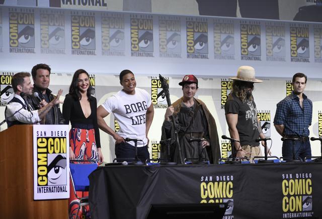 Director Zack Snyder, from left, and actors Ben Affleck, Gal Gadot, Ray Fisher, Ezra Miller, Jason Momoa, and Henry Cavill attend the Justice League panel on day 3 of Comic-Con International on Saturday, July 23, 2016, in San Diego. (Chris Pizzello/Invision/AP) Director Zack Snyder, from left, and actors Ben Affleck, Gal Gadot, Ray Fisher, Ezra Miller, Jason Momoa, and Henry Cavill attend the Justice League panel on day 3 of Comic-Con International on Saturday, July 23, 2016, in San Diego. (Chris Pizzello/Invision/AP)