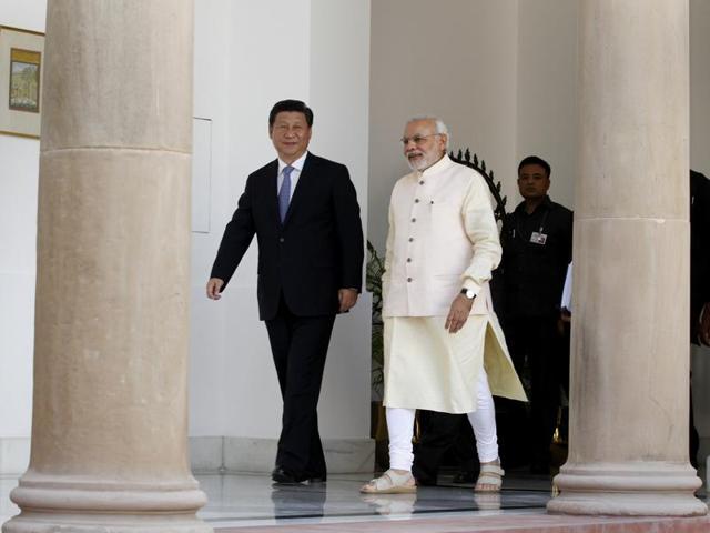 Prime Minister Narendra Modi with Chinese President Xi Jinping at the Hyderabad House in New Delhi.(Arvind Yadav/ HT File Photo)