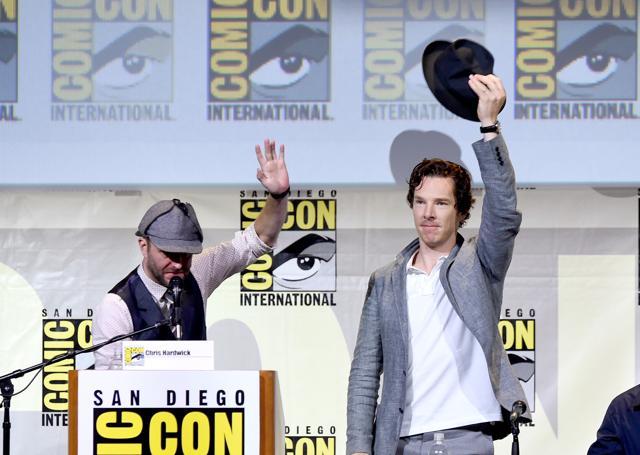 Moderator Chris Hardwick and actor Benedict Cumberbatch. (AFP) Moderator Chris Hardwick and actor Benedict Cumberbatch. (AFP)